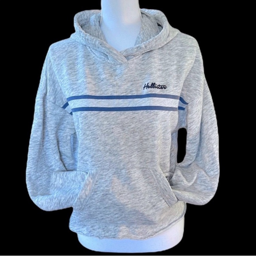 Hollister Cropped Pullover Hoodie Gray Blue Stripe Beach Sweatshirt Women’s M